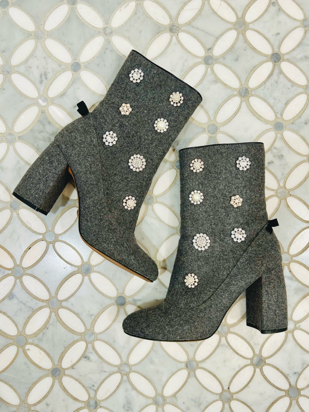 Anthropologie Nanette Lepore Linette Wool Embellished Bow Ankle Boots Grey 7 - Picture 6 of 15